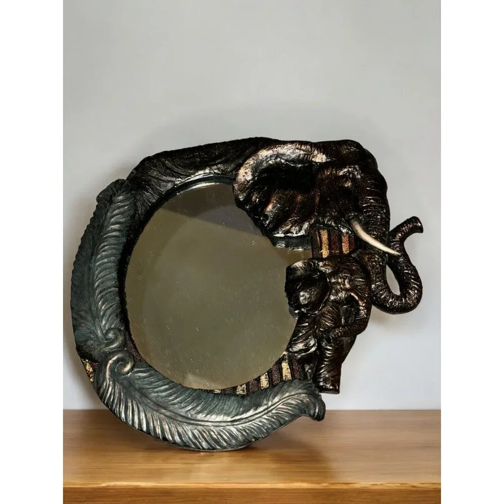 African Elephant-Inspired Decorative Mirror With Carved Frame